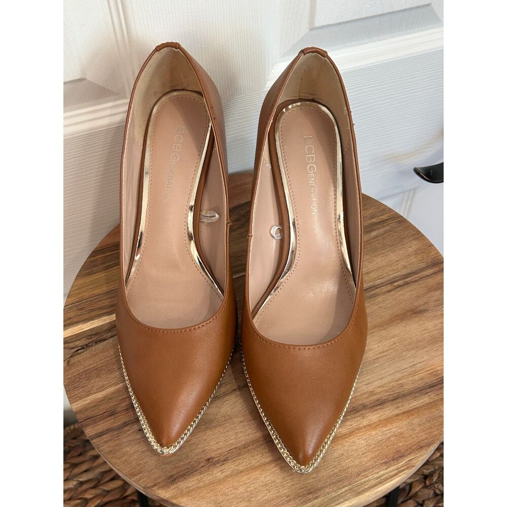 BCBGeneration Pointed Toe Stiletto Heels in Cognac, Gold color Trim